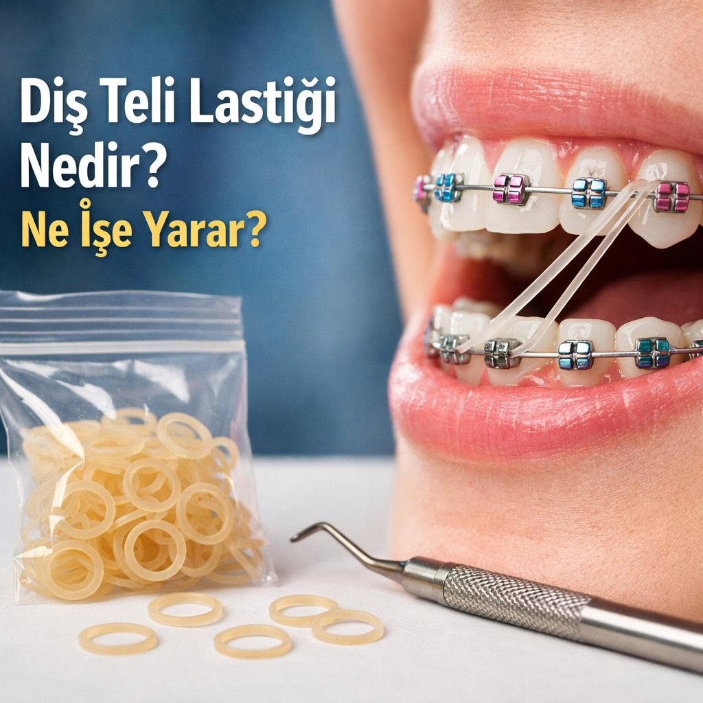 Braketli üst ve alt dişler arasına elastik bant takılıyor, masada yedek halkalar ve sonda