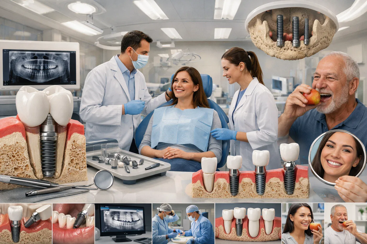 Klinik ortamı, kemik içi implant modelleri, panoramik röntgen ve elma ısıran hasta kolajı